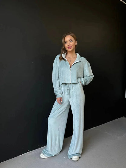 Autumn And Winter Long-sleeved Zipper Lapel Jacket Elastic Waist Wideleg Trousers Velvet Casual Two-Piece Suit For Office Ladies