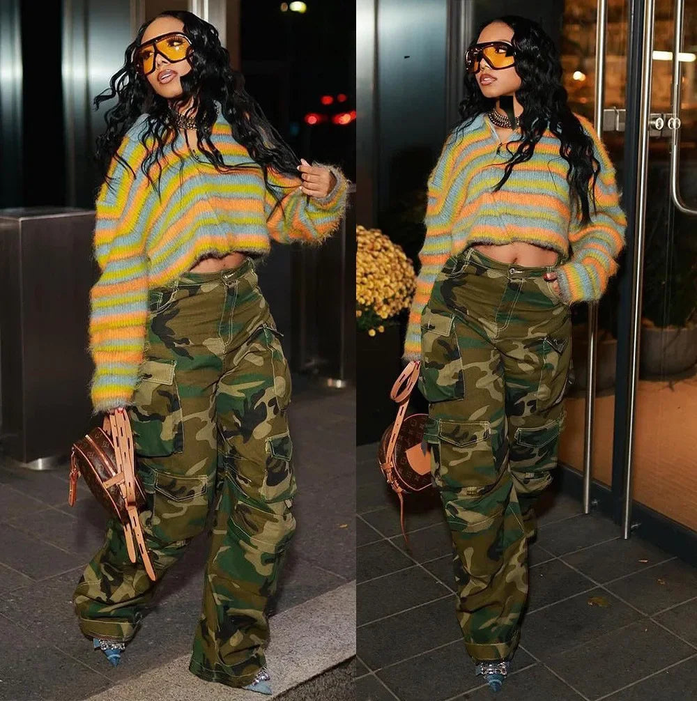 Solid Casual Baggy Cargo Pants for Women Youthful Female Trousers Multi-pocket Fashion Vintage Women's High Waist Wide Pants