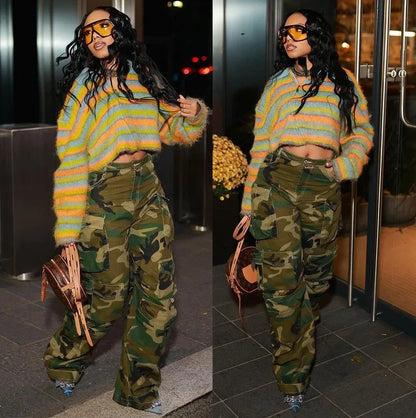 Solid Casual Baggy Cargo Pants for Women Youthful Female Trousers Multi-pocket Fashion Vintage Women's High Waist Wide Pants