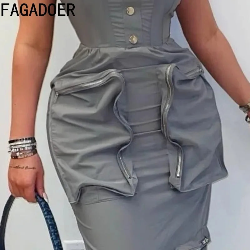FAGADOER Elegant Cargo Pockets Patchwork Bodycon Long Dress for Woman Spaghetti Strap Backless Zip Dresses Casual Vestidos New