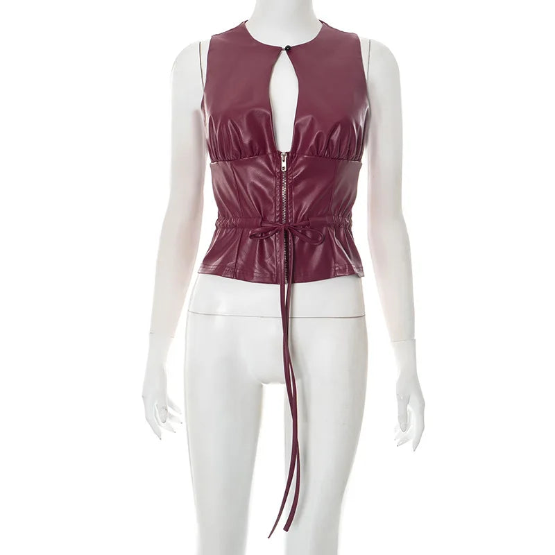 Joskaa 2025 Women's Pu Leather Tops Sexy Cutout Crew Neck Sleeveless Zip Front Tie Detail Tees Party Club Tshirts Y2K Streetwear
