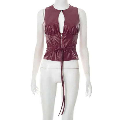 Joskaa 2025 Women's Pu Leather Tops Sexy Cutout Crew Neck Sleeveless Zip Front Tie Detail Tees Party Club Tshirts Y2K Streetwear