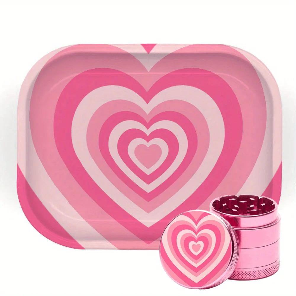 2 Pieces LOVE Heart Herb Grinder Roling Tray Combo Girly PINK Tobacco Kits
