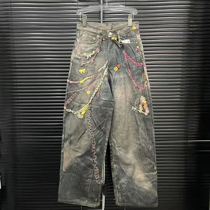 DEAT Fashion Women's 3D Chain Printed Contrast Color Jeans Niche Design High Waist Casual Denim Pants Female Trendy 11A04071