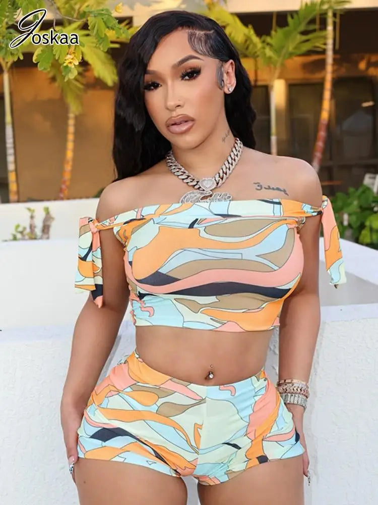 Joskaa Colorful Print Beach Style 2 Piece Sets Women Swimsuit Sexy Tube Tops and Shorts Matching 2025 Summer Bathing Suit