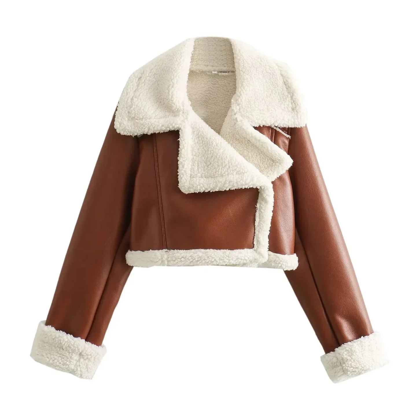 Winter New Women's Faux Fur Lined Short Jacket Double-sided Zipper Collar Leather And Fur Double-sided Short Coat