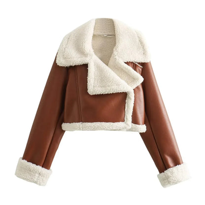 Winter New Women's Faux Fur Lined Short Jacket Double-sided Zipper Collar Leather And Fur Double-sided Short Coat