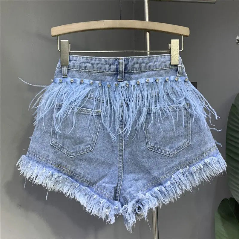 2025 Summer New Personalized Tassel Inlaid Diamond Wash Light Blue Denim Shorts Women's Streetwear Fashion Short Hot Pants