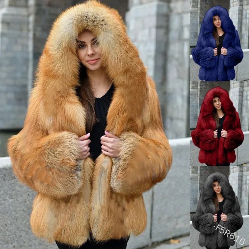 Women Warm Faux Fur Winter Thicken Hooded High Quality Faux Fox Fur Coat Lady 2025 New Casual Large Size Cloth Available 5XL