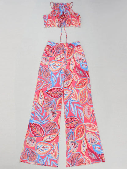 Beyprern Women Tropical Leaf Printed Lace-Back Crop Top And Wide Legs Pant Set Summer Ruched Floral Tracksuits Set Beach Outfits
