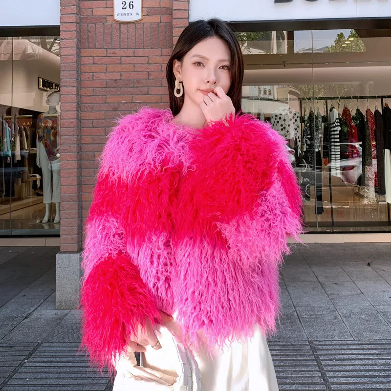 Faux Fur Coats Women Lamb Wool Short Coat Y2k Streetwear Thick Warm Y2k Streetwear Elegant Pink Jackets Open Stitch Jacket