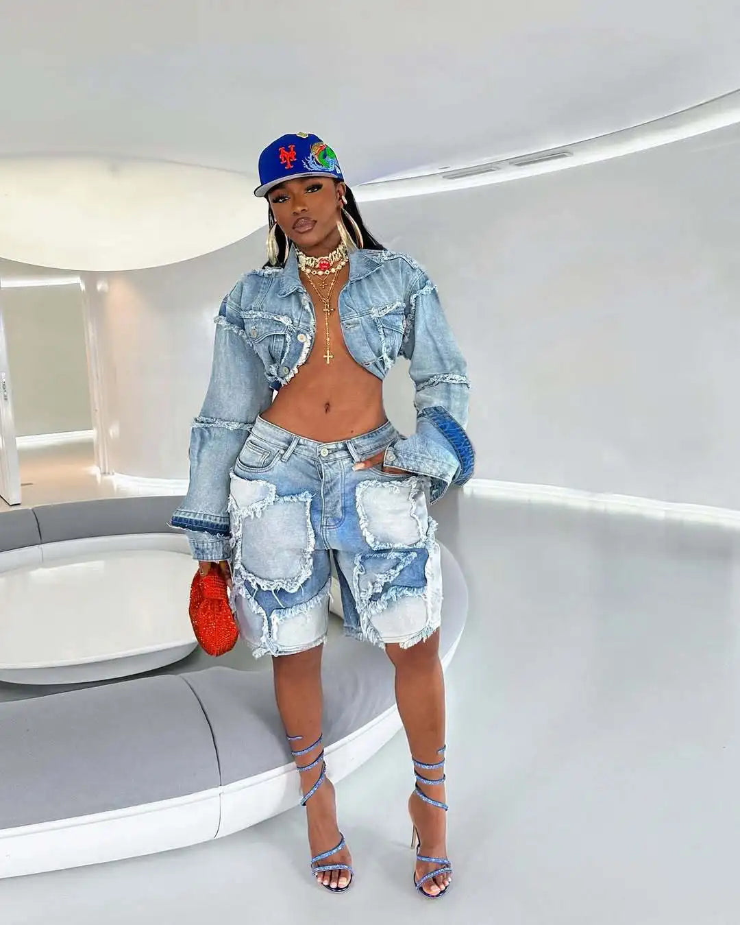 FAGADOER Summer New Fashion Denim 2 Piece Sets Woman Outfit Long Sleeves Patchwork Crop Jacket + Short Female Streetwear New