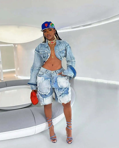 FAGADOER Summer New Fashion Denim 2 Piece Sets Woman Outfit Long Sleeves Patchwork Crop Jacket + Short Female Streetwear New