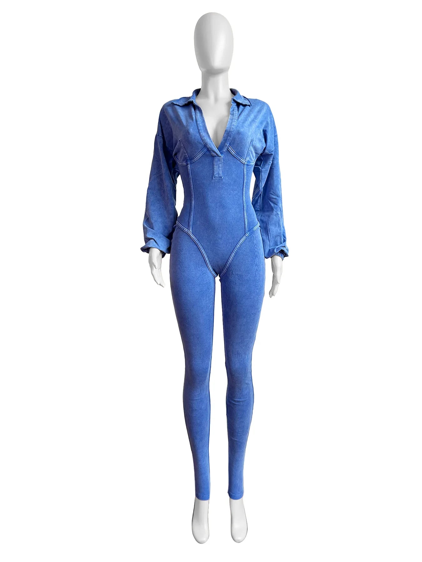 Women's Clothing 2025 Spring Summer New Fashion Bubble Sleeves Sexy Deep V Tight Waist Casual Long Sleeved Jumpsuit Pants