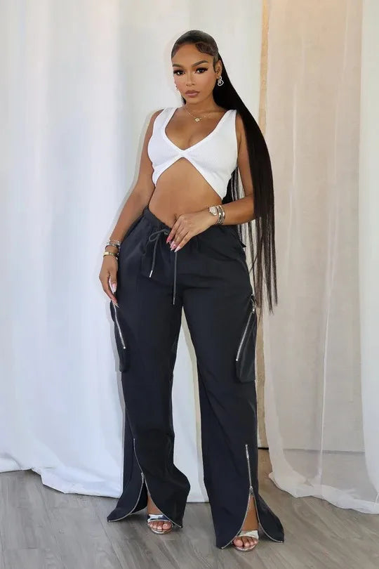 CM.YAYA Women Fashion Zipper Pocket Side Zip Fly Split Hem Wide Leg Safari Style Pants 2025 Drawstring Summer Cargo Trousers