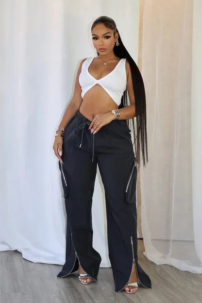 CM.YAYA Women Fashion Zipper Pocket Side Zip Fly Split Hem Wide Leg Safari Style Pants 2025 Drawstring Summer Cargo Trousers