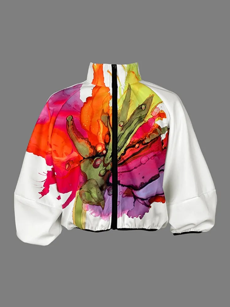 UOOZEE 2024 New Spring Women Stand Collar Jackets Fashion Elegant Floral Printed Puff Sleeves Loose Fit Casual Outerwears