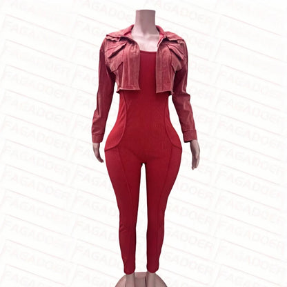 FAGADOER High Quality Rib Women 2 Piece Set Outfit Fashion Long Sleeve Crop Jacket + Bodycon Jumpsuits Suits Clothing 2025 New