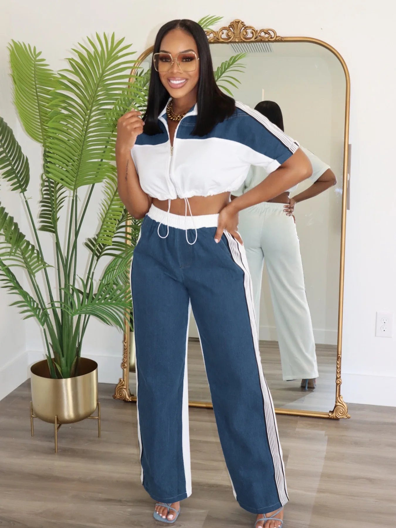 Pant Set Women Two Piece Sets Denim Matching Sets Jogger Tracksuit Matching Sets Zipper Tops Wide Leg Long Pants Elastic Waist