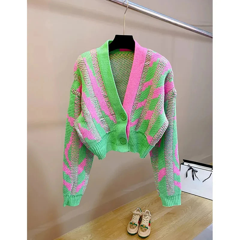 Women Color Block Green Crop Cardigan High Street Long Sleeve Knit Top Sweater Autumn Winter Korean Dongdaemun Fashion Trends