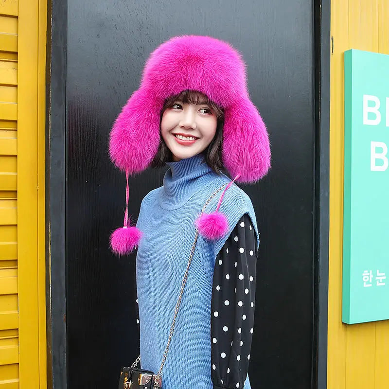 2025 100% Real Fox Fur Hats Women's Russian Ushanka Aviator Trapper Snow Skiing Hat Caps Earflap Winter Raccoon Fur Bomber Hat
