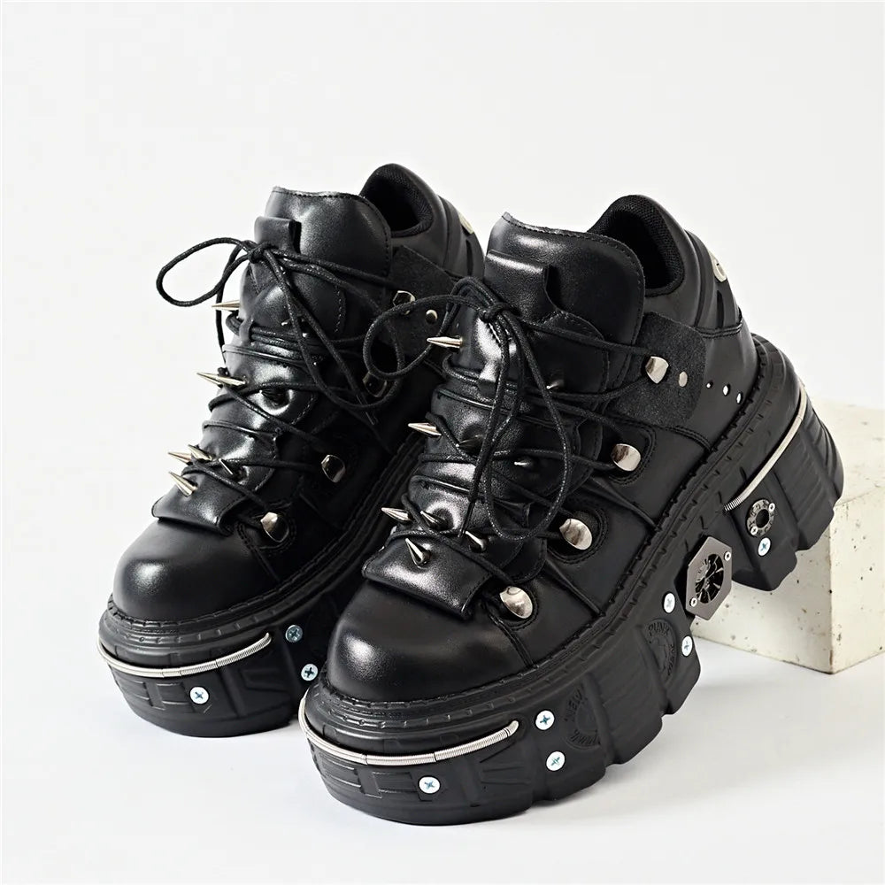 Punk Women Lace-Up Ankle Botas Mujer 2025 Rivet Metal Decoration Round Toe Thick Bottom Boots Woman Nightclub Rock Platform Shoe