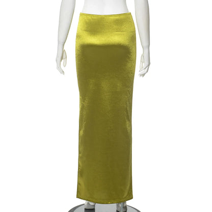 CUTENOVA Stain Long Solid Color Skirt Elegant High Waist Side Split Maxi Skirts Party Sexy Clothes for Women Autumn 2024