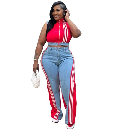 2 Pieces Women's Sets 2025 Spring Summer Denim Sleeveless Suit Tops And Wide Leg Pants Suits Two Piece Set Tracksuit Outfit
