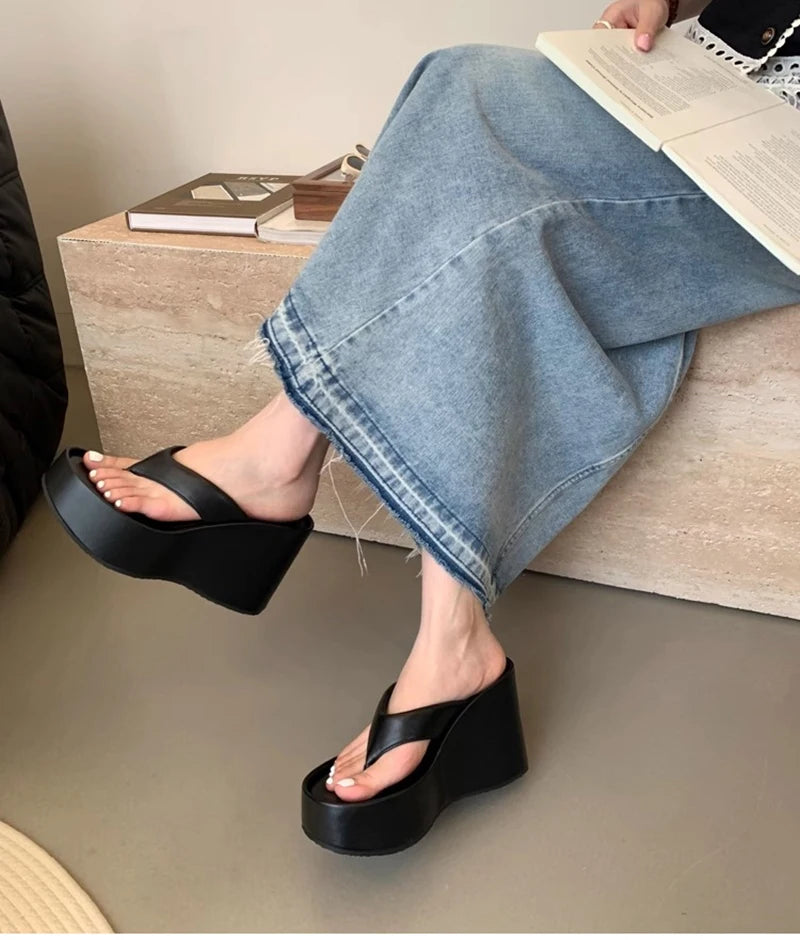 Design Summer Chunky Woman Slippers Fashion Platform Wedges High Heel Silvery Ladies Shoes Zapatillas De Mujer