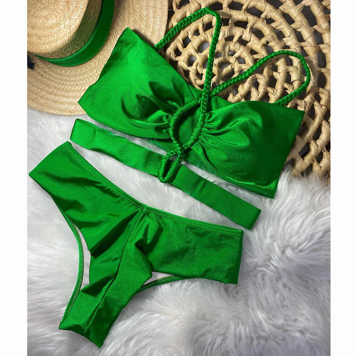 Two Pieces Bikini Set Crochet Swimsuit Women Sexy Swimwear Female Red Brazilian Biquini High Cut Bathing Suit Bodysuit Beachwear