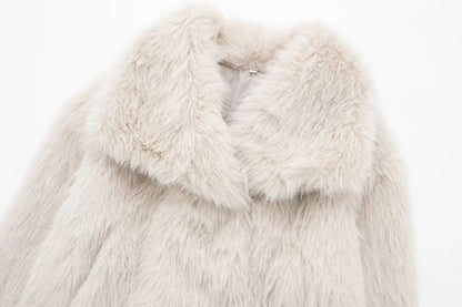 TRAFZA Female Vintage Artificial Fur Effect Coats Lapel Warm Plush Long Sleeves Hidden Buttons Autumn Winter Casual Outerwear