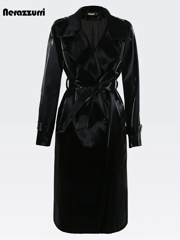 Nerazzurri Autumn Long Cool Black Shiny Glitter Patent Faux Leather Trench Coat for Women Sashes Double Breasted Europe Fashion