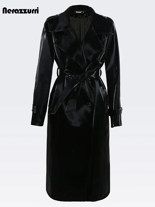 Nerazzurri Autumn Long Cool Black Shiny Glitter Patent Faux Leather Trench Coat for Women Sashes Double Breasted Europe Fashion