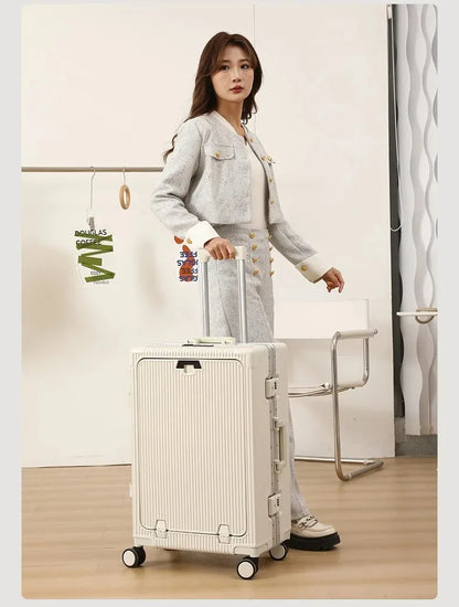 Suitcase Front Opening Pocket Aluminum Alloy Frame Rolling Luggage with USB Charging Plug Trolley Carry-on Case Bag with Wheel