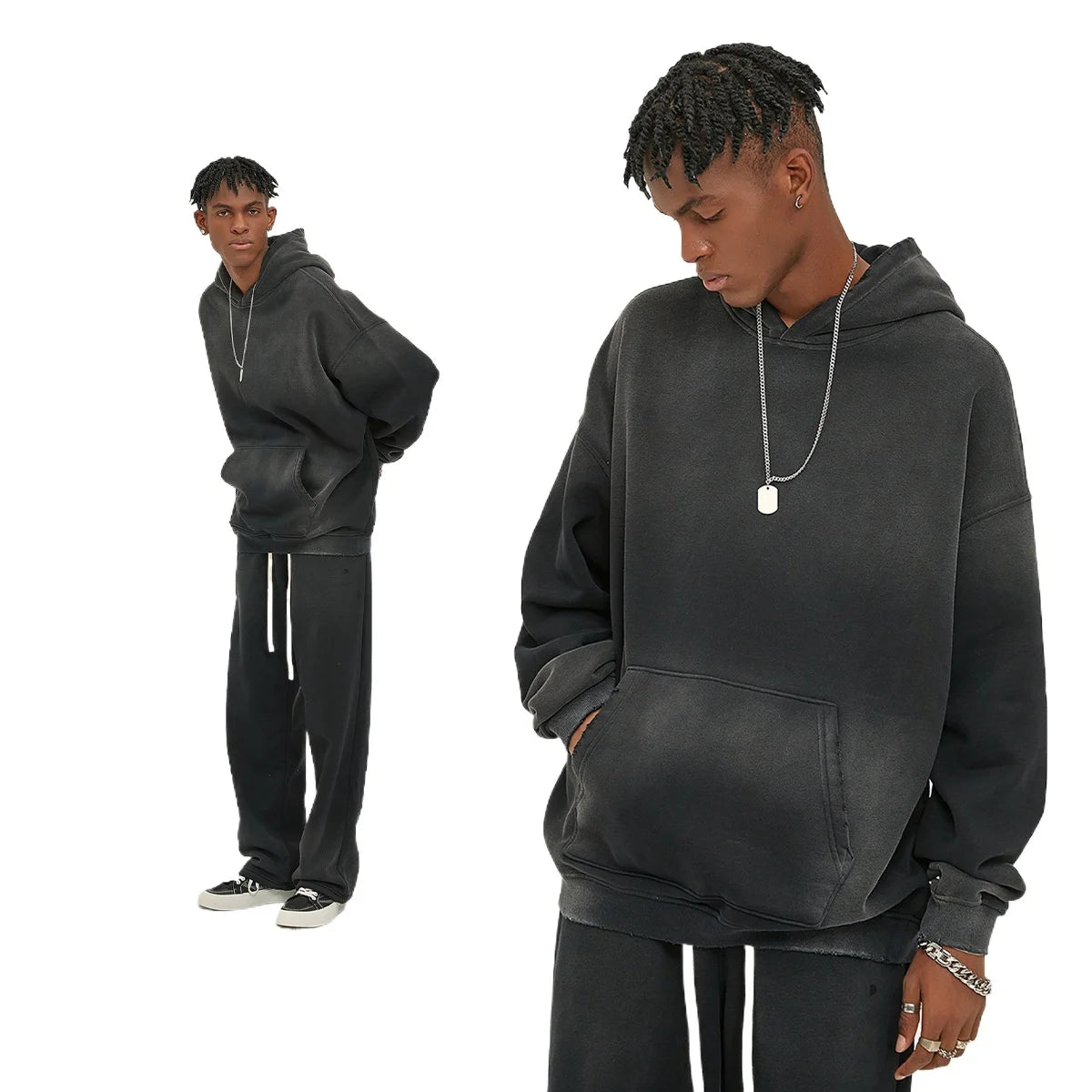 Custom LOGO 2025 autumn winter new 360G heavy sweater men's women's spray-dyeing old thickened hooded trendy sweater trousers clothes set