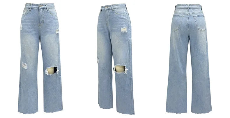 Women Jeans Ankle Length Holes Loose Flat Straight Pants Zipper Fly Pockets Solid Color High Street Slight Strech Denim