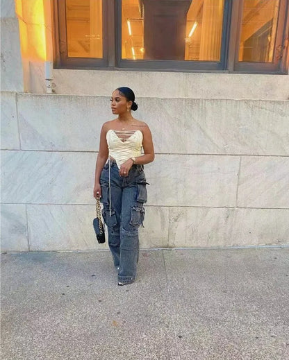 Joskaa Fashion Y2k Pockets Cargo Jeans Women Hipster High Waisted Straight Pants Fall 2023 Casual Denim Trousers Streetwear