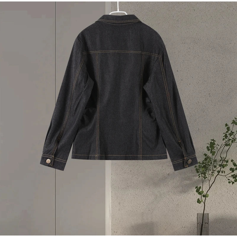Street Vintage Denim Pants Sets Women Slim Long Sleeve Lapel Single Breasted Jacket Straight Trousers 2025 Spring Lady Outfits