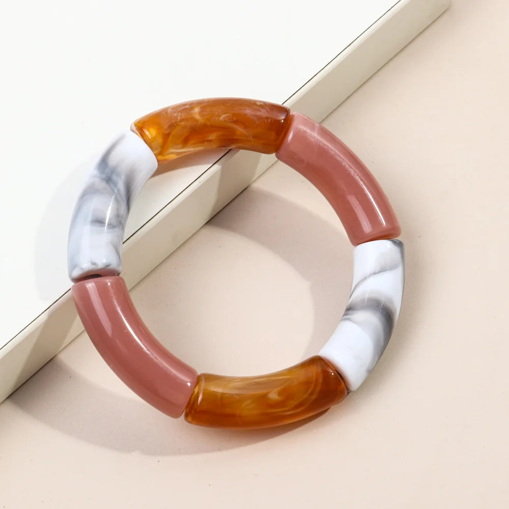 FishSheep Trendy Acrylic Stacked Bamboo Beads Bangles Bracelets for Women Bohemian Resin Elastic Beaded Bracelets Set Jewelry