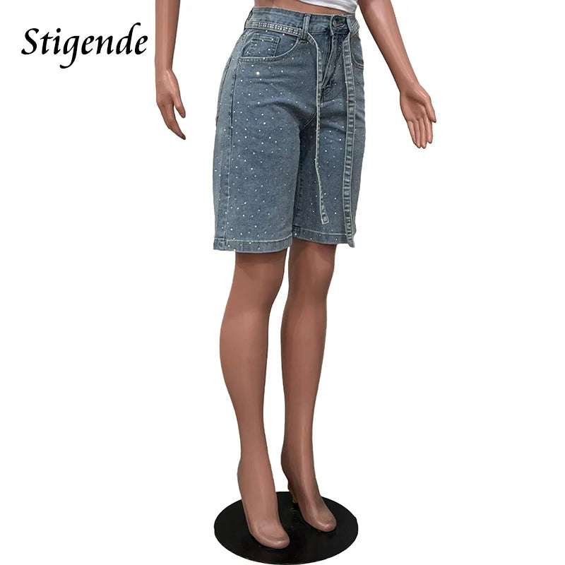 Stigende Women Sexy Rhinestone Denim Shorts with Belt Wide Leg Sequin Short Jeans