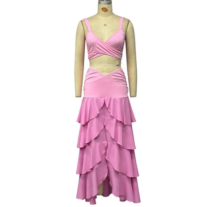 Wefads Women 2 Piece Set Summer Elegant Solid Sleeveless V Neck Hollow Out Backless Tank Top Layered Pleated Long Skirt Sets