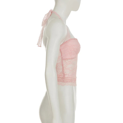 Cuteandpsycho Sexy Lace Patchwork Y2K Camisoles Backless Transparent Slim Outfits Party 90s Vintage Clubwear Halter Neck Tops
