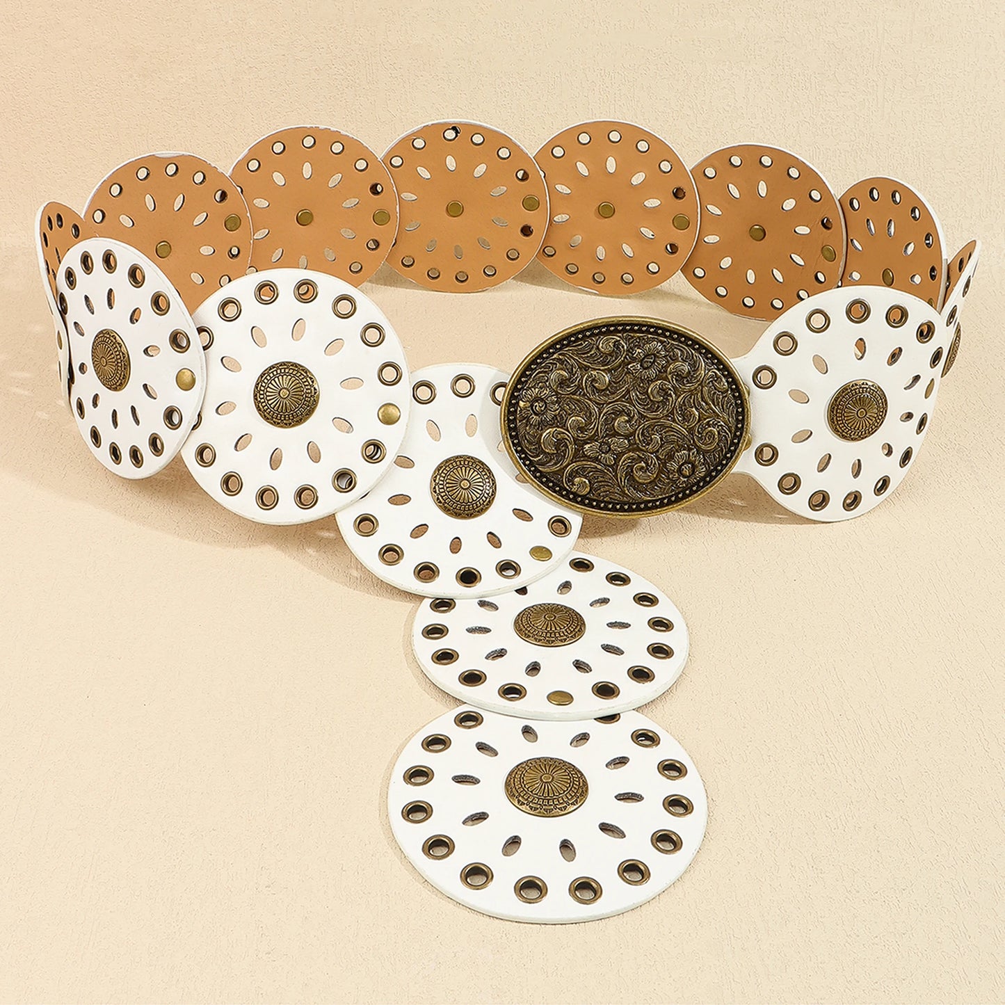 New rivet round piece ethnic style belt for women vintage with skirt pants waist cover Boho style patchwork belt
