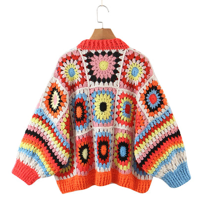 BOHO Geometric Plaid Hand Made Crochet Cardigan Woman V neck Long sleeve Sweater Open Stitching Knitwear Jumper Holiday