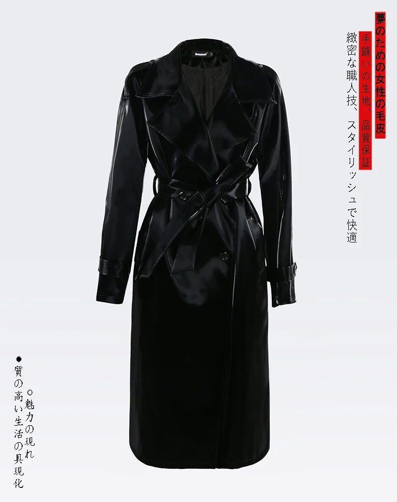 Nerazzurri Autumn Long Cool Black Shiny Glitter Patent Faux Leather Trench Coat for Women Sashes Double Breasted Europe Fashion