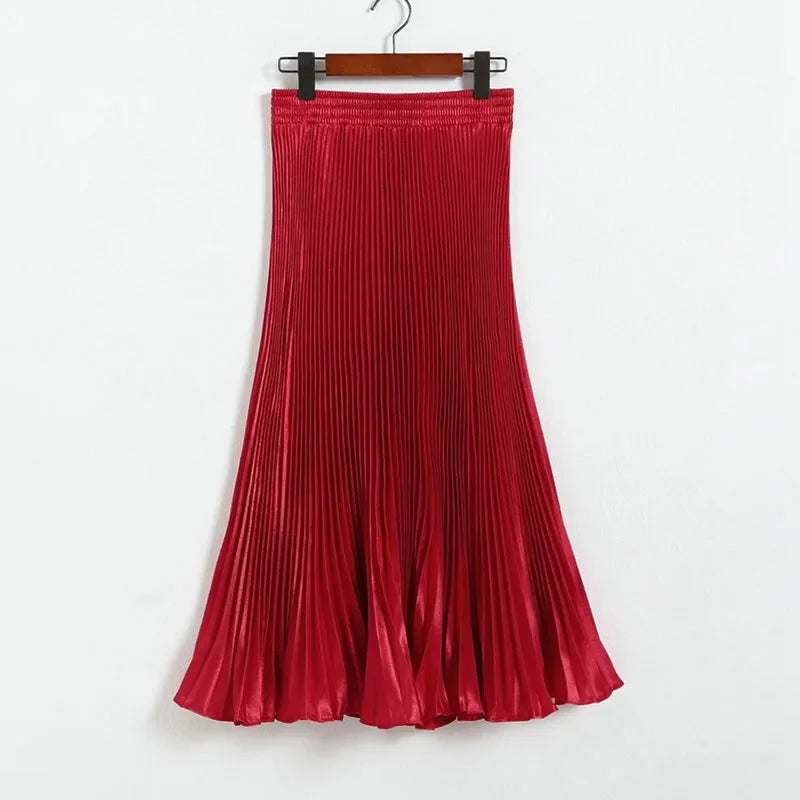 Women's Fashion Pleated Mermaid Long Skirt Korean Style Casual High Waist Satin Flowy Skirts Shiny 19 Colors 2024 Spring SK500