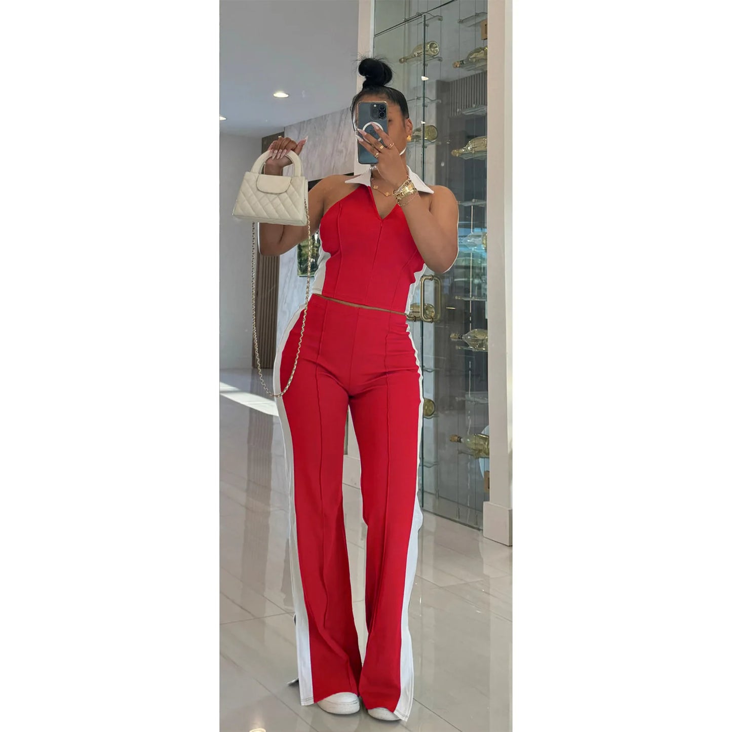 CM.YAYA Sporty Patchwork Women's Set Sleeveless Polo-tank Tops and Slit Flare Pants 2025 Active Two 2 Piece Set Outfit Tracksuit