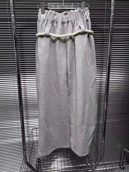 DEAT Fashion New Women's Cotton Rope Design Casual Pants 2024 Autumn Trendy Elastic High Waist Wide Leg Trousers Female 33A1851