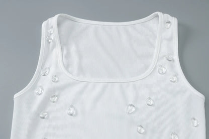 Dulzura Ribbed Sleeveless Water Droplets Diamond Decorated Tank Sexy Casual Bodycon Top Party Club Streetwear Spring Summer