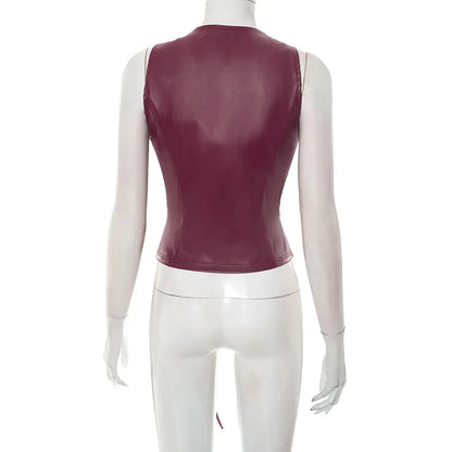 Joskaa 2025 Women's Pu Leather Tops Sexy Cutout Crew Neck Sleeveless Zip Front Tie Detail Tees Party Club Tshirts Y2K Streetwear